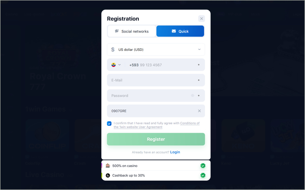 1Win registration form with promo code field and multiple signup options