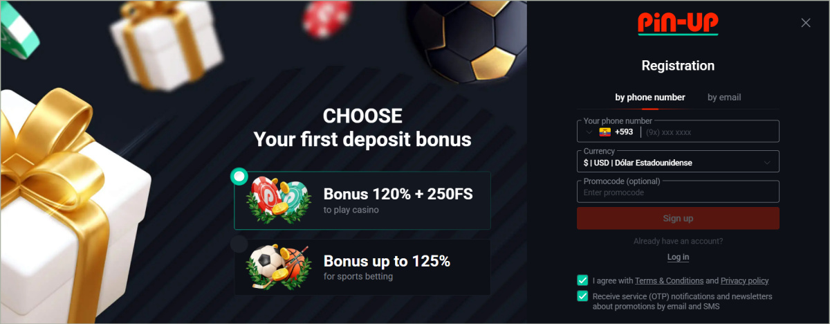 Pin Up registration form showing email and phone number signup options with bonus selection