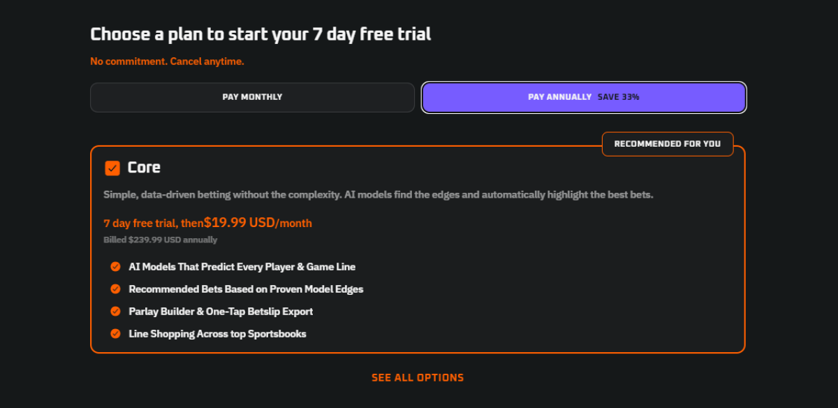 Rithmm Core plan screen with the 7-day trial