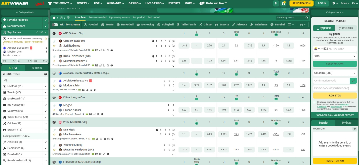 Betwinner live betting section with in-play events across volleyball, tennis, football and Dota 2, live scores and streams toggle