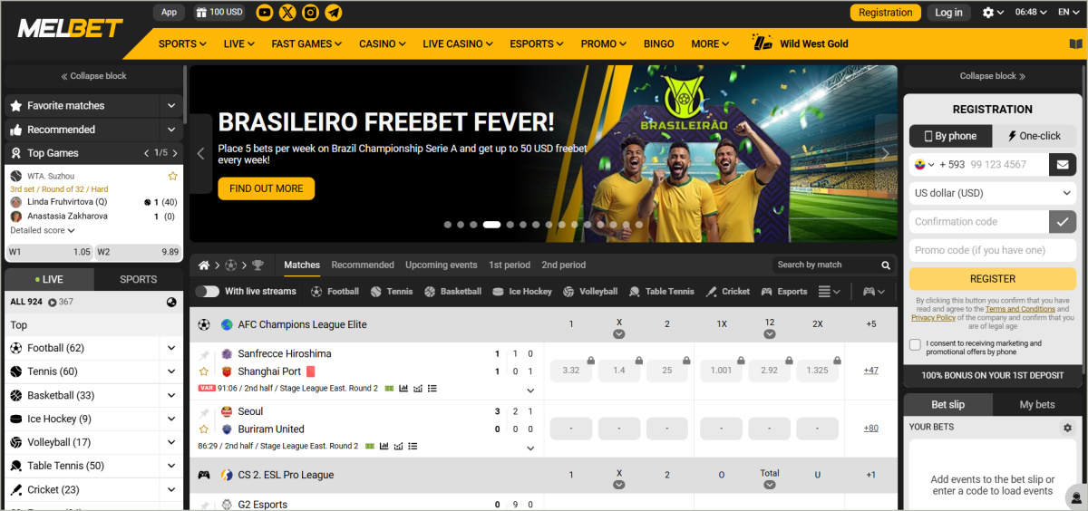 Melbet official website homepage featuring sports betting and casino sections