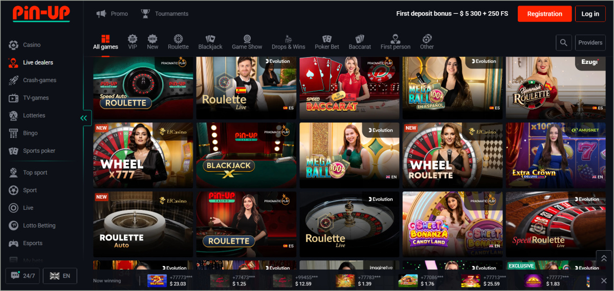 Pin Up live casino interface showing real dealers at blackjack, roulette, and baccarat tables