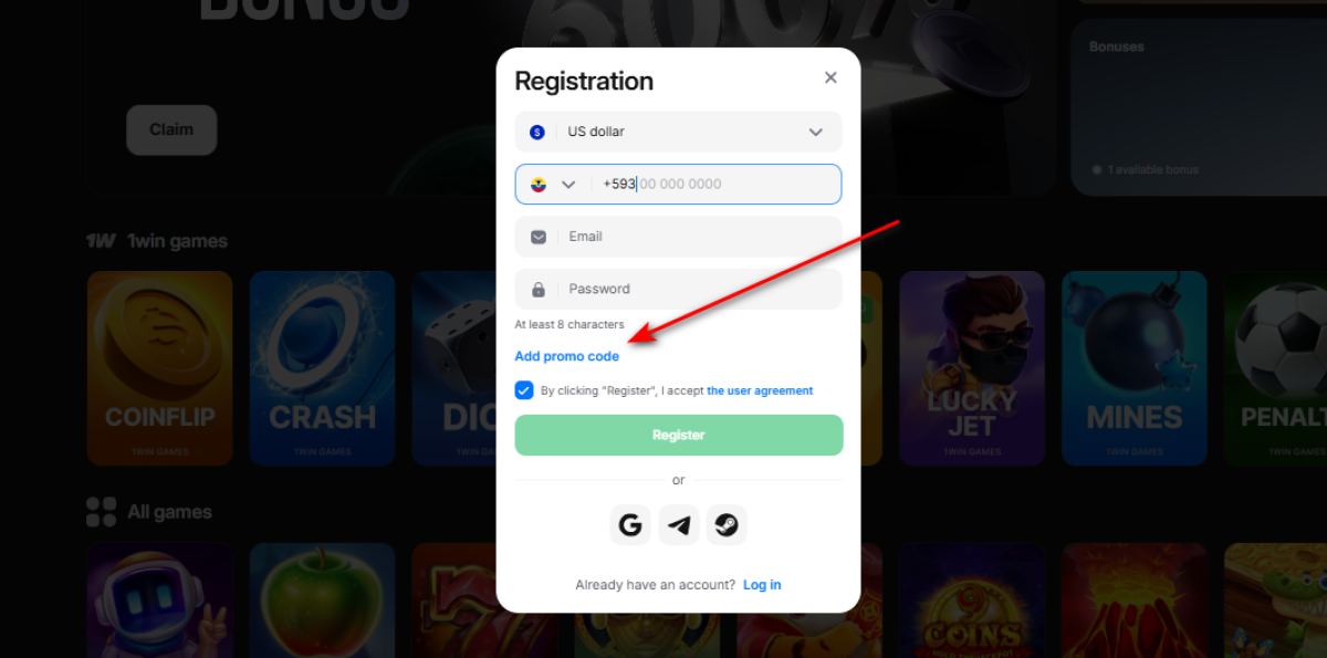1win registration form with currency, phone, email, password and add promo code field
