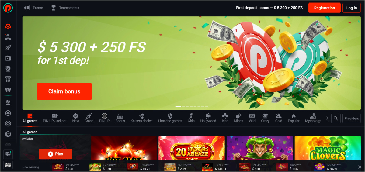 Pin Up casino lobby showcasing slot games, live dealer tables, and game categories
