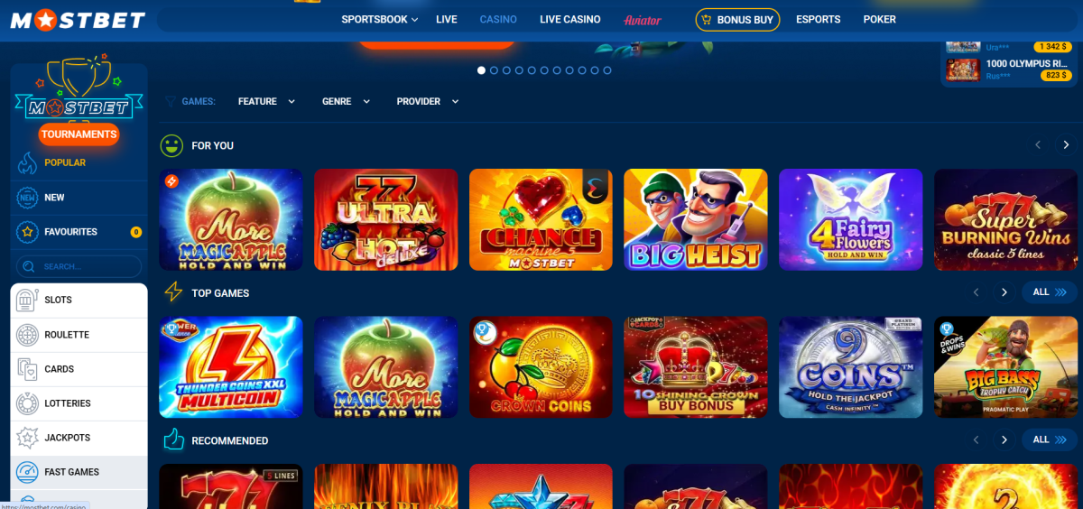 Mostbet casino lobby showing slot tiles and provider filters