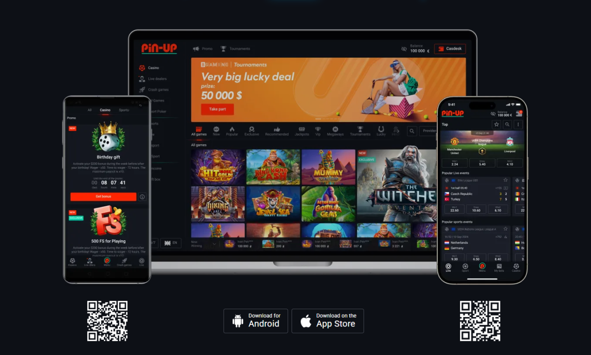 Pin Up mobile apps for Android and iOS shown on smartphones next to the desktop site, with QR codes and App Store and Android download buttons