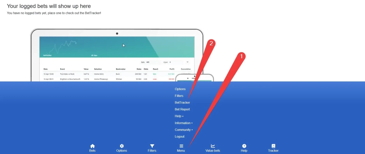 BetTracker showing profit graphs, statistics, and betting history