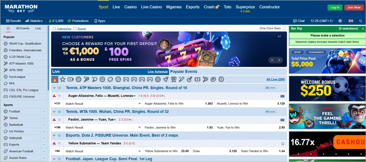 Marathonbet homepage showing sports betting markets and current odds October 2025