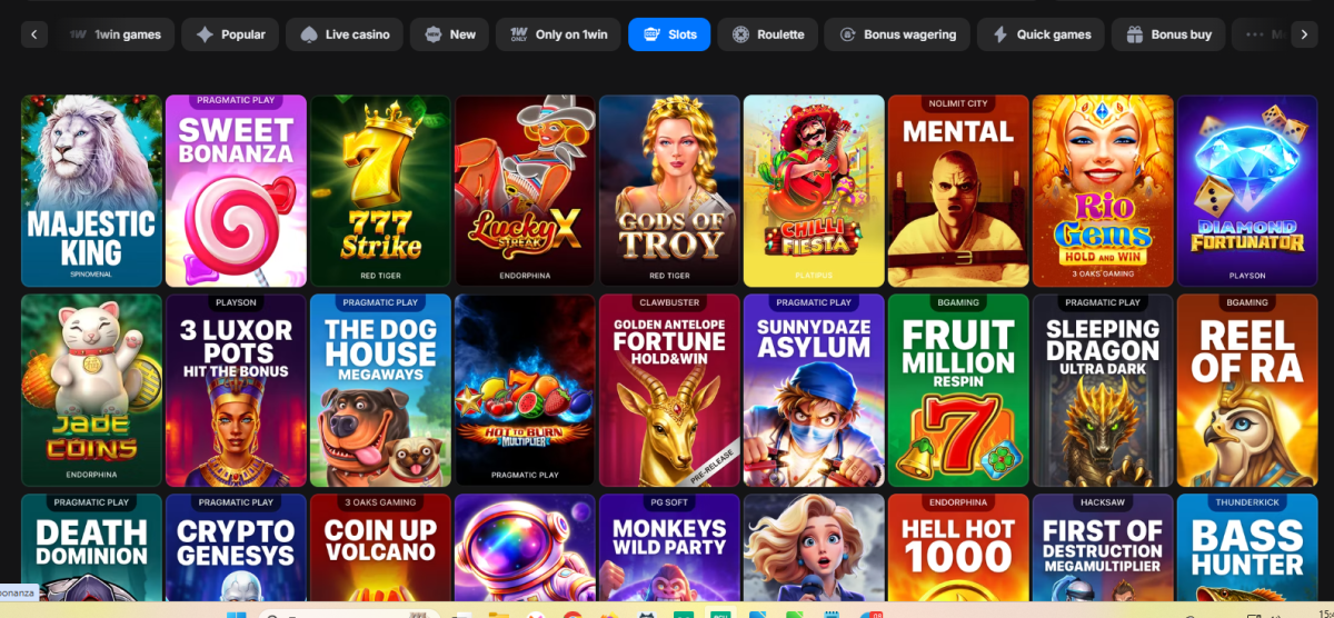 1win casino lobby with the Slots tab open next to Live casino, Roulette and Quick games