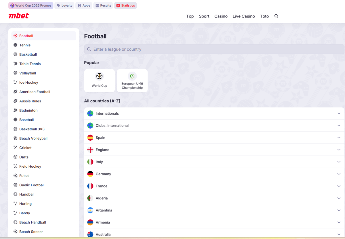 Marathonbet football section with countries and leagues from internationals to regional competitions