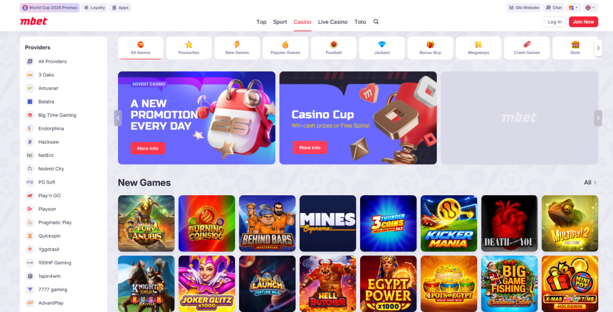 Marathonbet casino lobby with new slot games and provider list