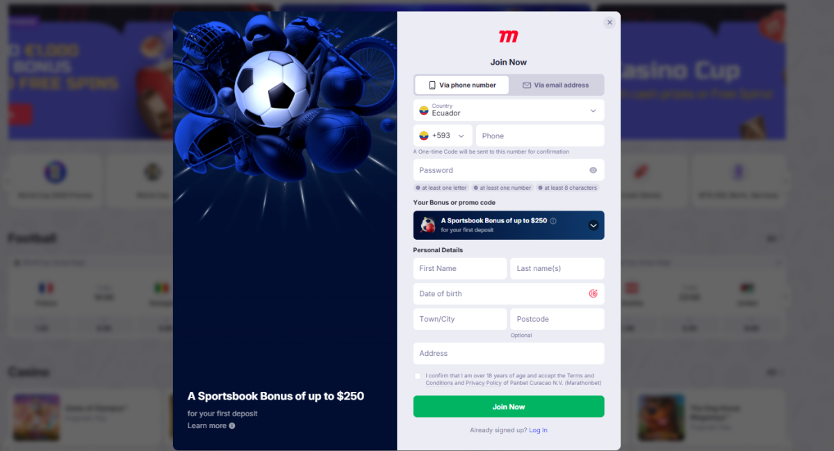 Marathonbet welcome bonus 100% up to $250 banner