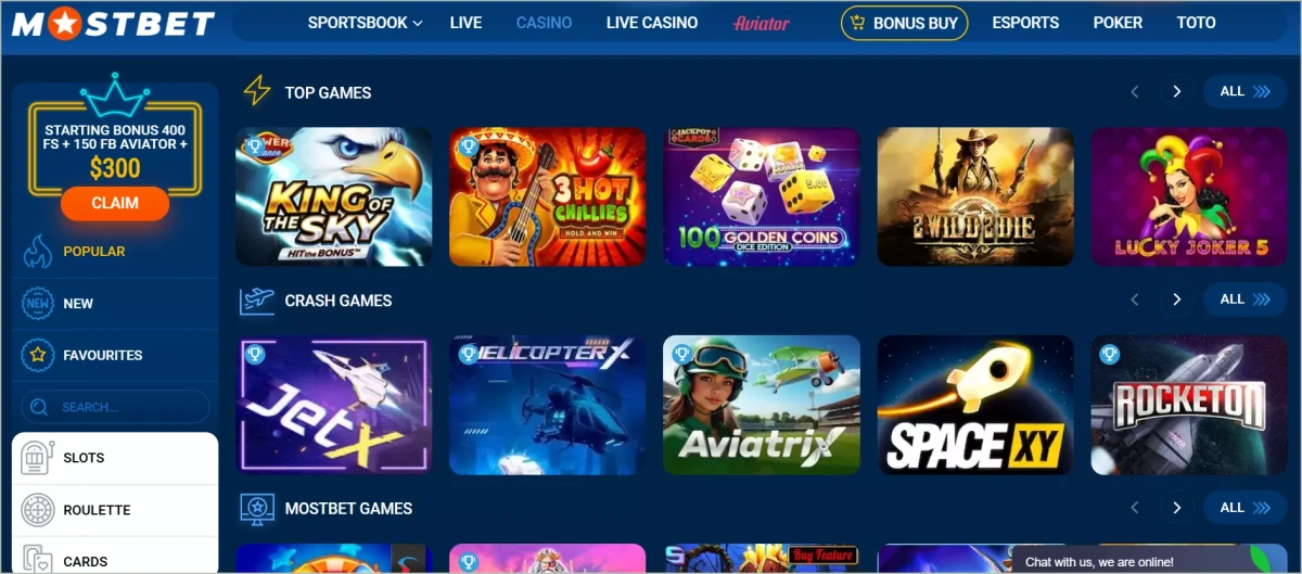 Casino section showing various game categories and popular slots 