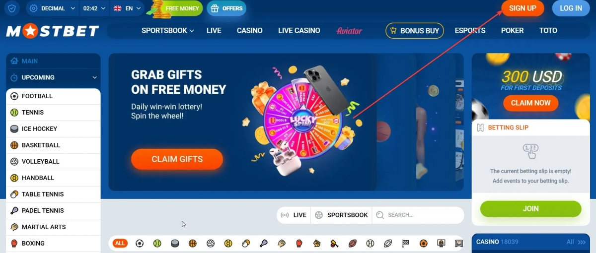 Mostbet registration button location on homepage