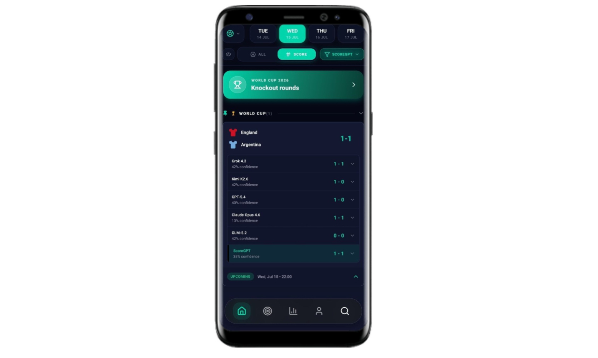 ScoreGPT app feed with five model predictions and the consensus line