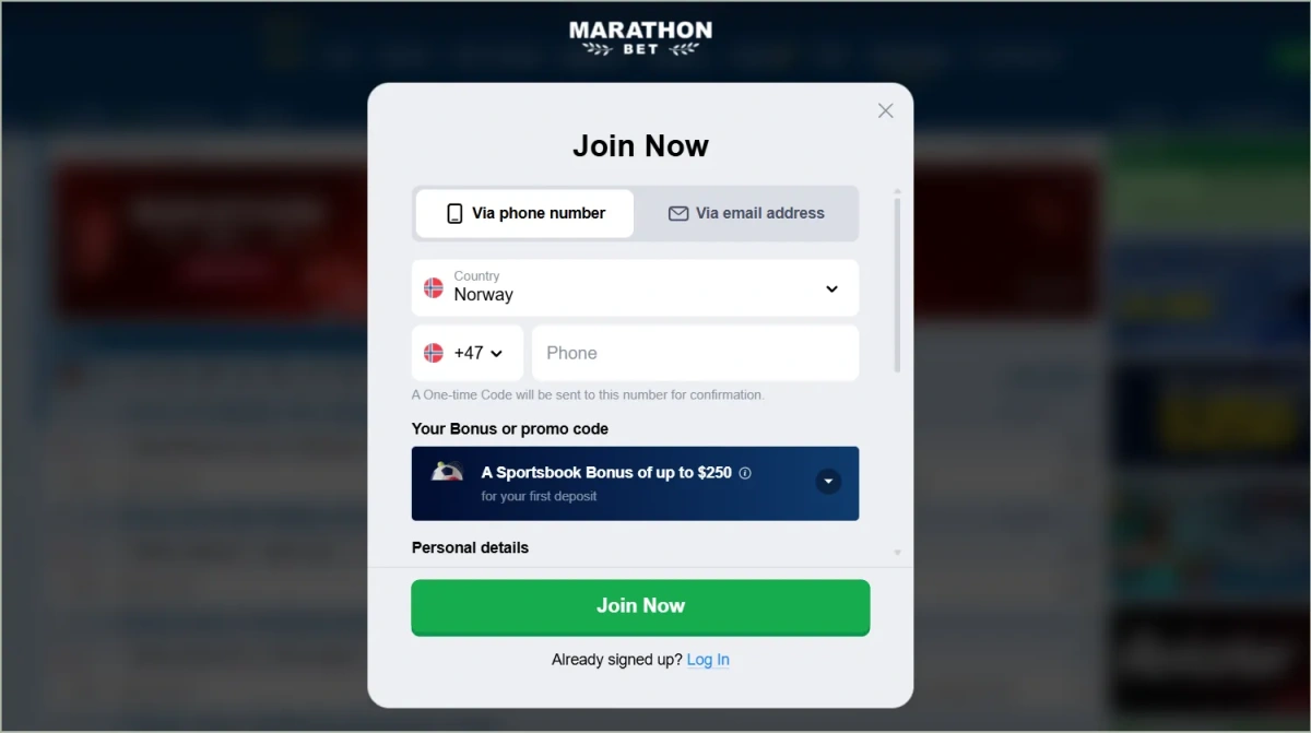 Marathonbet registration form with required fields for new account setup