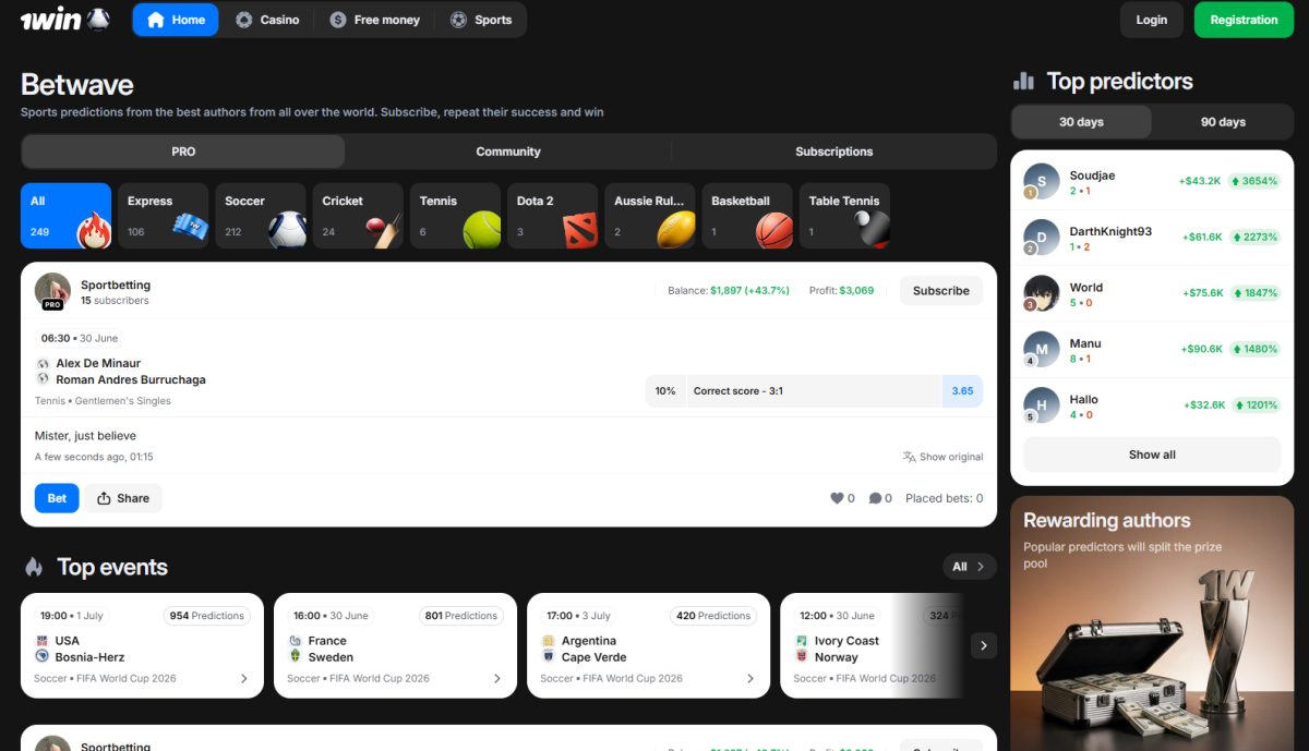 1win Betwave feed showing predictor tips, profit stats and a top predictors leaderboard